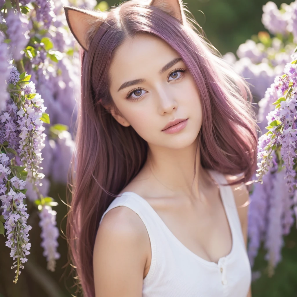 1girl, solo, cute girl with pink hair, pink eyes, wisteria flower background, soft natural light, cat ears, sleeveless white shirt