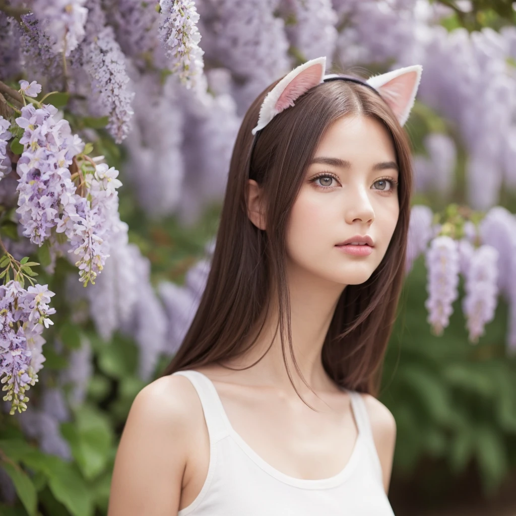 1girl, solo, cute girl with pink hair, pink eyes, wisteria flower background, soft natural light, cat ears, sleeveless white shirt