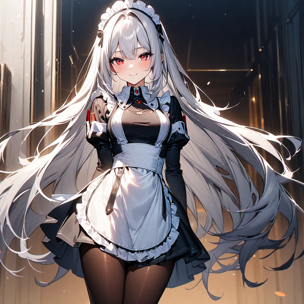 (masterpiece),(Highest quality),(Super detailed),(Best illustrations),(so beautiful), so beautiful長い脚,Silver Hair, Red eyes, Captivating smile, Very long hair, pantyhose, Maid, headdress, apron, mini skirt, Are standing