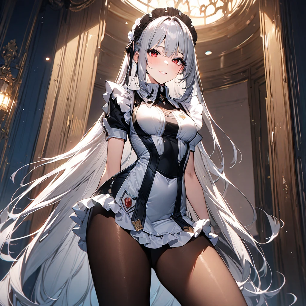 (masterpiece),(Highest quality),(Super detailed),(Best illustrations),(so beautiful), so beautiful長い脚,Silver Hair, Red eyes, Captivating smile, Very long hair, pantyhose, Maid, headdress, apron, mini skirt, Are standing