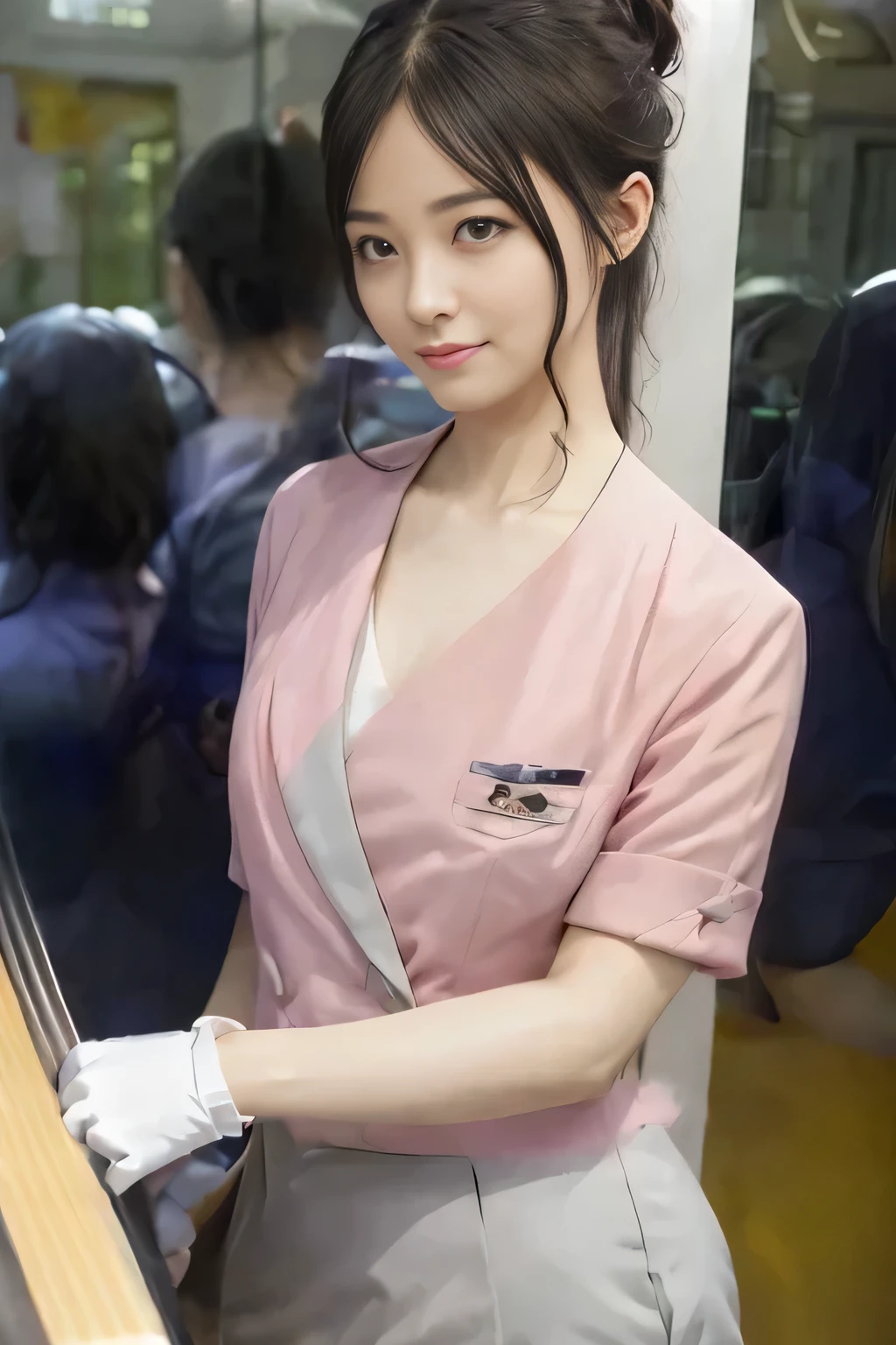(masterpiece:1.2, Highest quality:1.2), 32k HDR, High resolution, (alone、1 girl)、 (Height: 160cm)、(On the rooftop of a building in the daytime、Professional Lighting)、Building rooftop background、(Nankai train crew uniform pinkを着たリアルスタイル)、(Nankai train crew uniform pink short sleeve collarless pink jacket、Nankai Train Crew Uniform Pink Collarless Short Sleeve Blouse、Nankai Train Crew Uniform Pink Grey Knee-length Culottes)、(The pink jacket is showing from the culottes.)、Dark brown hair、(Hair tied up、Hair tied up、Evening curly hairstyle)、Dark brown hair、Long Shot、Big Breasts、Thin legs、((Great hands:2.0)),((Harmonious body proportions:1.5)),((Normal limbs:2.0)),((Normal finger:2.0)),((Delicate eyes:2.0)),((Normal eyes:2.0)))、smile、(Nankai Train Crew Uniform Pink Grey Knee-length Culottesを見せた美しい歩く姿)、Place your hands around your stomach