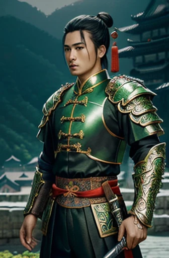 ((Young man with ancient Chinese hairstyle))、whole body ,(green metal armor, metal dragon head on the shoulder, Holding a sword, (Skin of color, ),(green metal armor with intricate pattern:1.2), gloves, Long trousers, (Very detailed, bloom:1.5), (Highest quality, Concept Art, 4K),, (high sharpness), (Detailed pupil:1.1),  Detailed face and eyes, masterpiece, Highest quality, (Very detailed写真:1.1), 8K, photoRealistic, (PurerosFace_v1:0.2), [:(Detailed face:1.2):0.2], sharp, Realistic, Realistic Shadow, (Chinese castle background:1.2), 