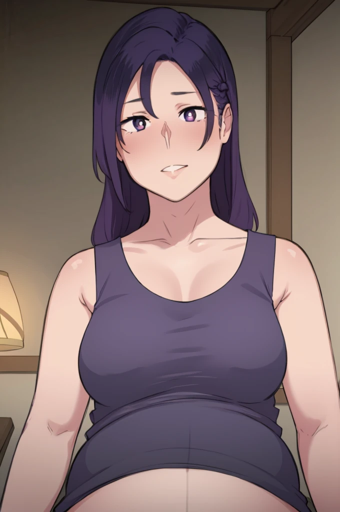 (masterpiece, Highest quality:1.2),  NTR Man, One girl, Have, alone, Long Hair, Purple Theme, Purple eyes, View your viewers, Hair between the eyes, Purple Hair, Upper Body, Tank top,Pregnant women