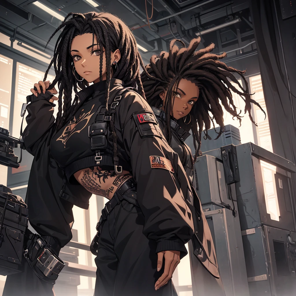 female character. short black hair with dreads. brown black eyes. His clothes are heavy and black, a more social outfit. It is in a futuristic setting. Below the eyes he has tattoos, like paintings.