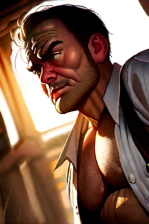 (8K, high resolution, best qualityer, work of art: 1.2), (looking 60 years old, white male, Policerman, Disgusting aura, Muscular and chubby build, good hearted expression, Open shirt with buttons revealing hairy chest, Bulge visible, Pants worn below the waist,), (mature daddy, Suspenders holding up socks, Dirty looking shoes, hairy arms, wrinkled face, eyes browns, furrowed eyebrows, Deep lines etched into the forehead,), (realisitic, gritty texture, dynamic lighting, absurd detail, Depth of field, cinematic atmosphere,), (late afternoon sun