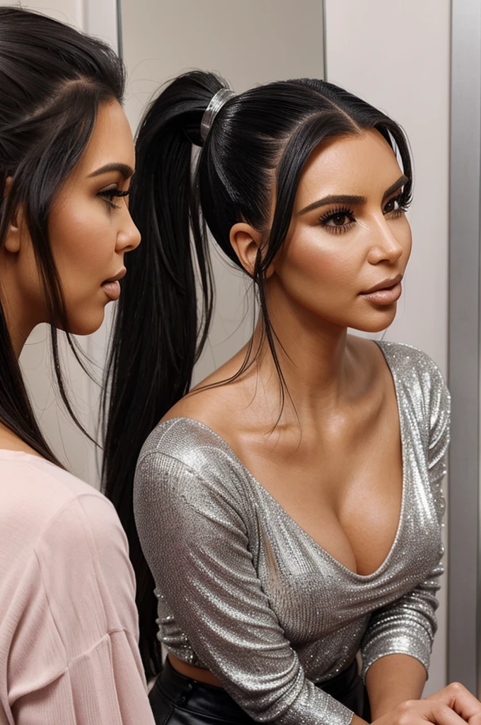Kim Kardashian with high ponytail and silver hair combing her girlfriend's hair with gel and biting her hair