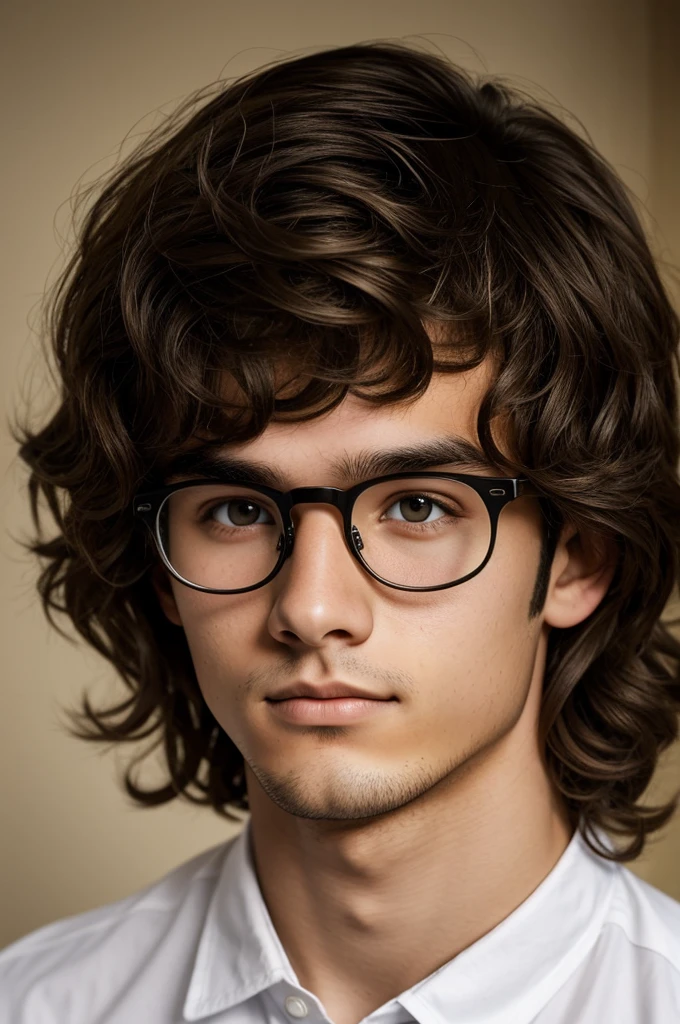 An 18 year old young man with brown hair, medium wavy hair, half square head, with glasses, dark eyes, half drooping eyes, Wide nose, White teas 