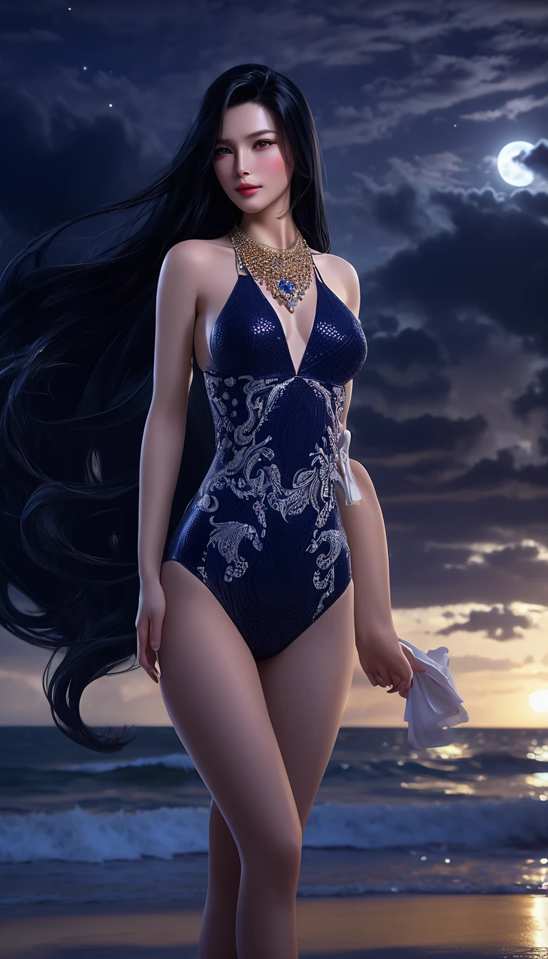 4K resolution,8K resolution,beautiful,Highest quality,Absolutely wonderful,Very detailed,Ultra-high resolution,masterpiece,(Realistic:1.5),(Realistic:1.5),Increased depth of field,Cinematic Light,
One elegant mature woman,
Long black hair,精巧なディテールのbeautiful顔,A face full of compassion,Moist eyes,Transparent white skin,Very sensitive skin,Great proportions,Glamorous Body,Anatomically correct body,
Elegant high leg swimsuit,Cool design,Gorgeous and detailed pattern,Beautifully detailed pattern,Detailed cloth texture,Gorgeous necklace Dark clouds in the night sky,Coastline stretching to the horizon,Deserted beach,Dark sea surface,
(Dramatic Angle:1.5),