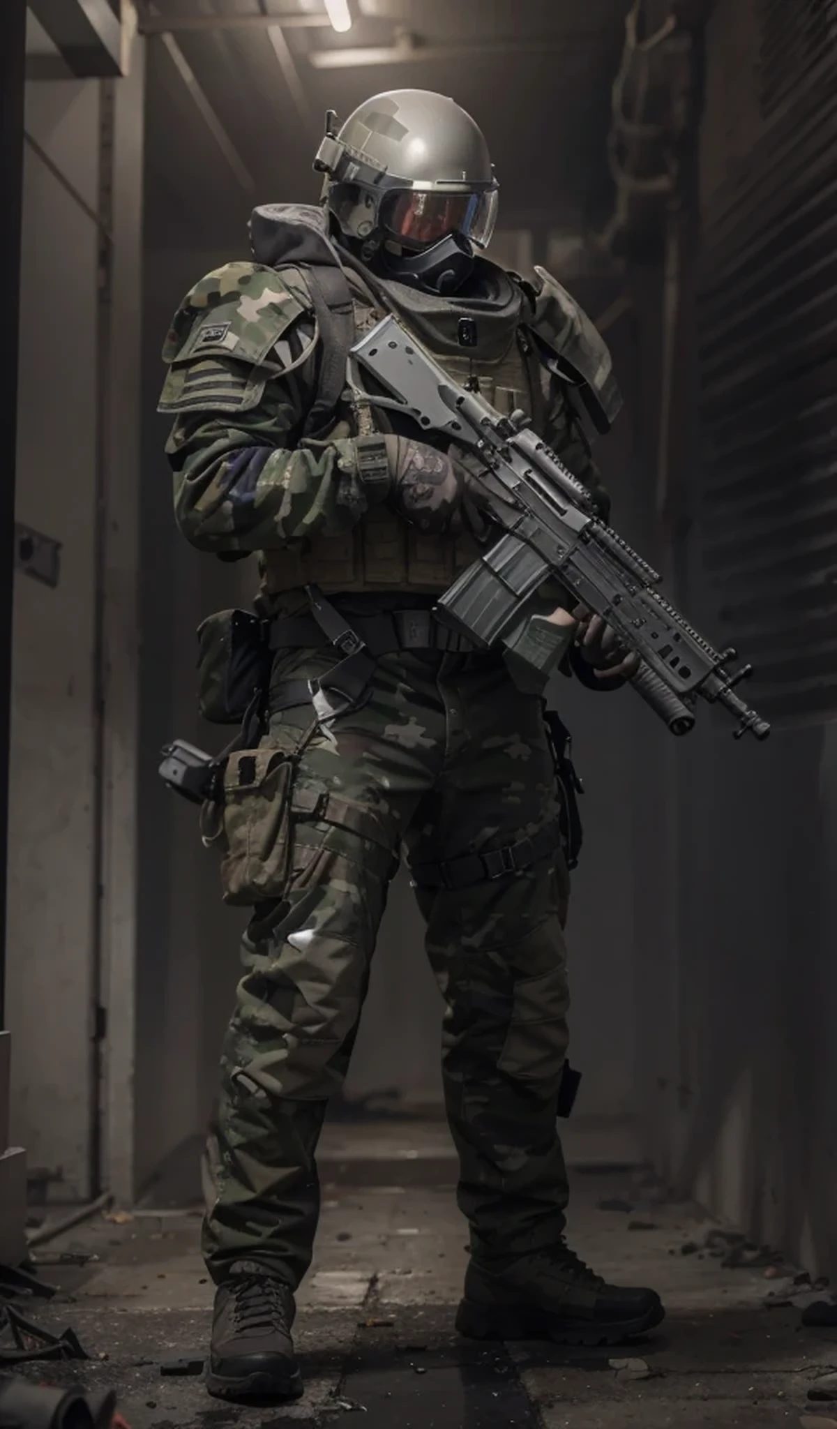 Male soldier, Futuristic helmet, Tactical modern military uniform, Gray and white camouflage, Modern heavy armor camouflage bulletproof vest, White, Belt with ammunition, hands with gloves, Highly detailed hands, Pipes and cables, black boots, Military pants, Wears a laser rifle in hand, large laser weapon, is in a completely destroyed modern city, Fire, Smoke Debris, Modern City, Fire, Smoke Debris, 4k, Ultra detailed image, realistic, Highly detailed, perfect composition, gorgeous, Intricately detailed, incredibly detailed, Art photography 8K, hyper detailed, Masterpiece, Ultra detailed, hyper realistic, 4k, Ultra detailed image, realistic, Highly detailed, perfect composition, beautiful, intricately detailed, incredibly detailed, art photography 8k, hyper detailed, masterpiece