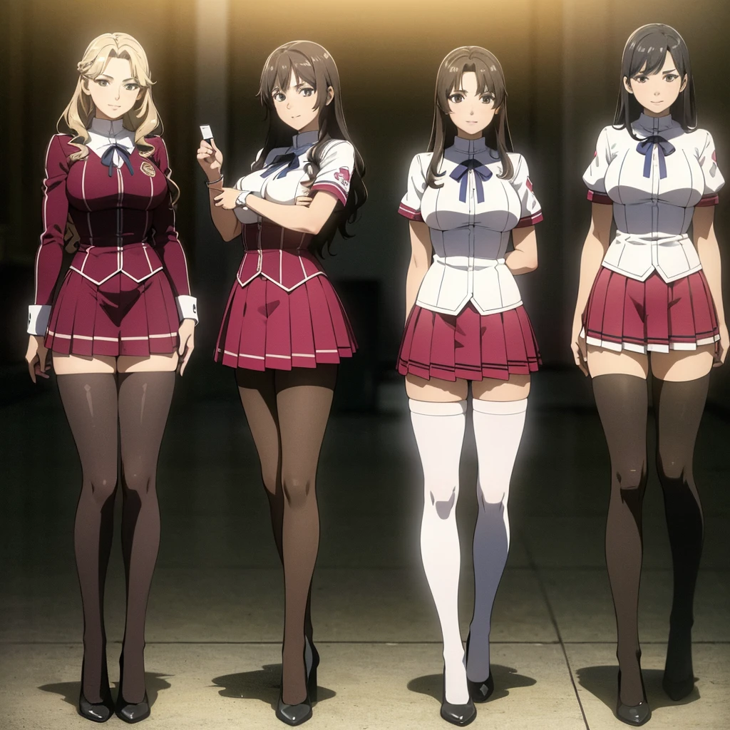 a masterpiece of two identical twin girls with curly brown hair, hazel eyes, and matching school uniforms with sexy lace accents, ribbons, and rainbow short skirts, wearing white thigh-high socks and black high heels, posing together with a seductive smile, flat color background, full body, ultra-detailed, (best quality,4k,8k,highres,masterpiece:1.2),ultra-detailed,(realistic,photorealistic,photo-realistic:1.37)