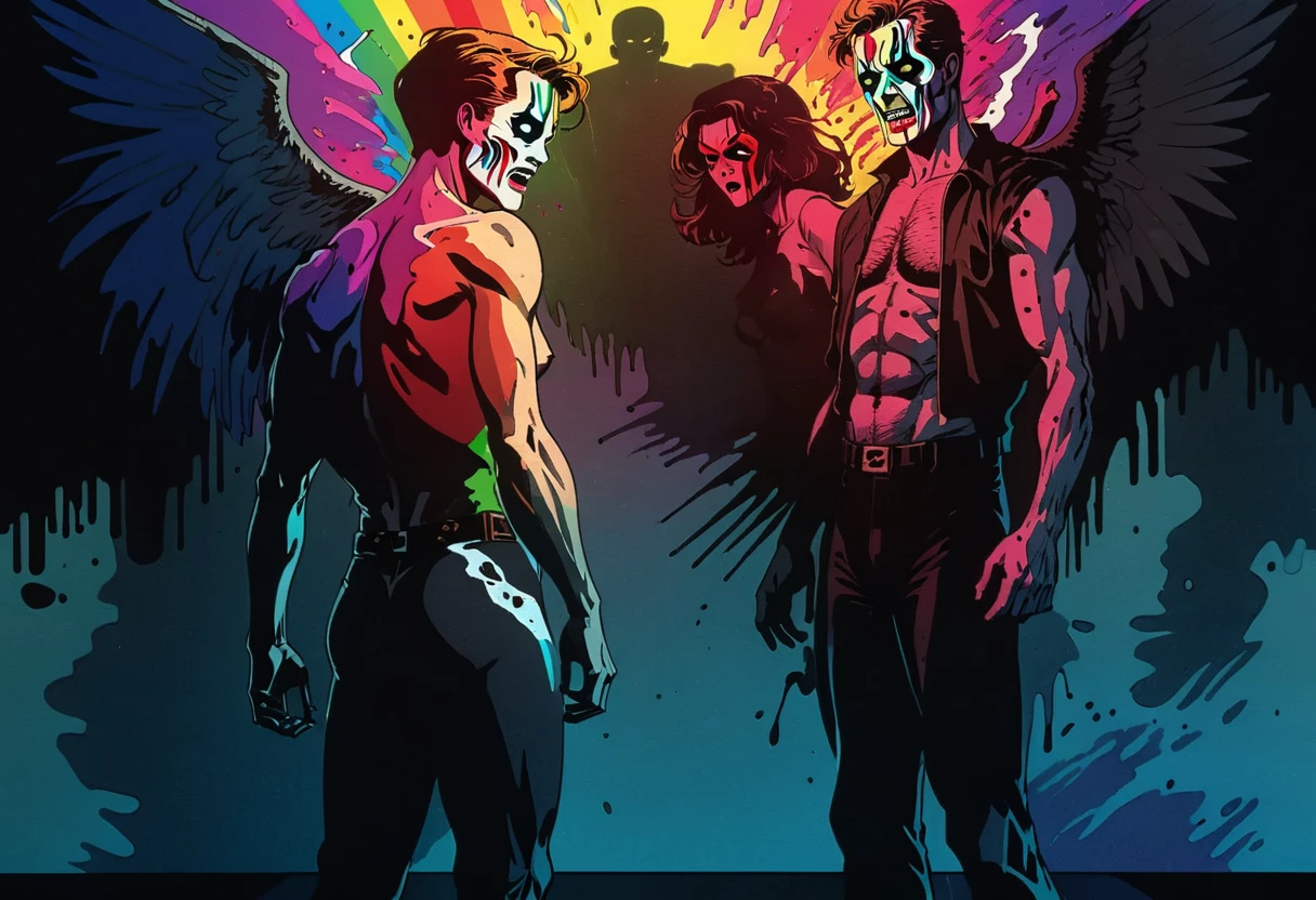 Fallen angels, cinematic, maximal moody, comic splash page poster, image within image, multiple exposure, massive scale, rich color grading for shading depth, hand drawn rotoscope cartoon realism, chiaroscuro lighting, mixed media, vintage comic, retro original design, 1990's comic set in 1960's, sense of movement and energy, tropical rot, rewilding, (full roygbiv color) ink, VHS, glitch, distorted, nostalgia, 90's retro vibes, analog tape, vcr aesthetics, tv, television, hand drawn, (full roygbiv color) ink charcoal expressive illustration, no light source, darkness, light mask uv rays across face, splash page
