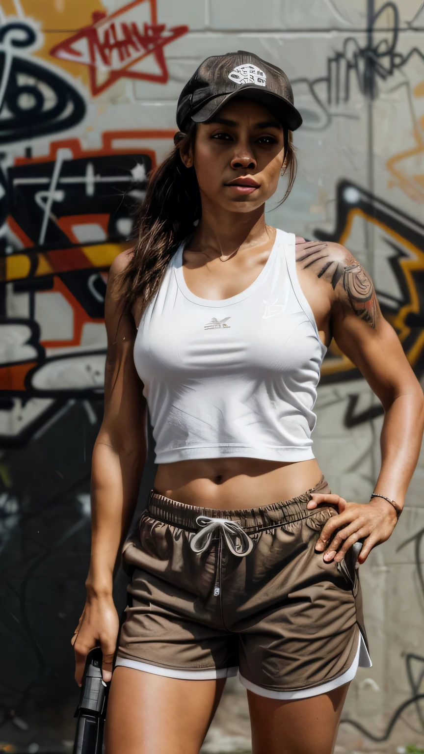 Woman with light brown skin, long sports shorts, long white socks, tennis shoes, tattoos, sleeveless shirt, with a gun in her hands, cap, in front of a graffiti wall.