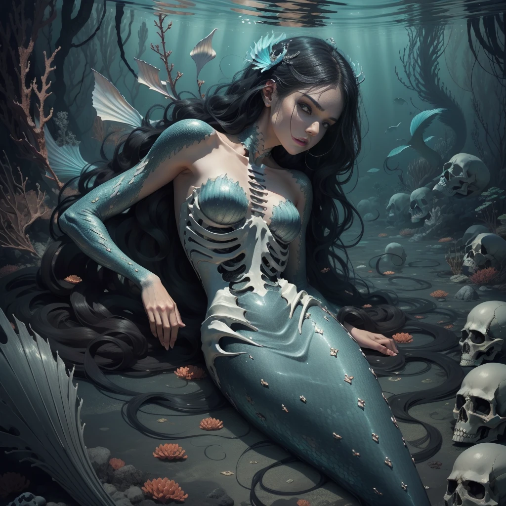 {-erro_de_anatomia:1.0}  woman 30 years old, underwater, skeleton, corpse,Under the sea, where coral tendrils and vines abound, a woman (mermaid), long black hair (black hair) looks at you amidst a pile of bones and skulls.Indifferent look , merciless. Lying among the skulls. backwards, looking back.