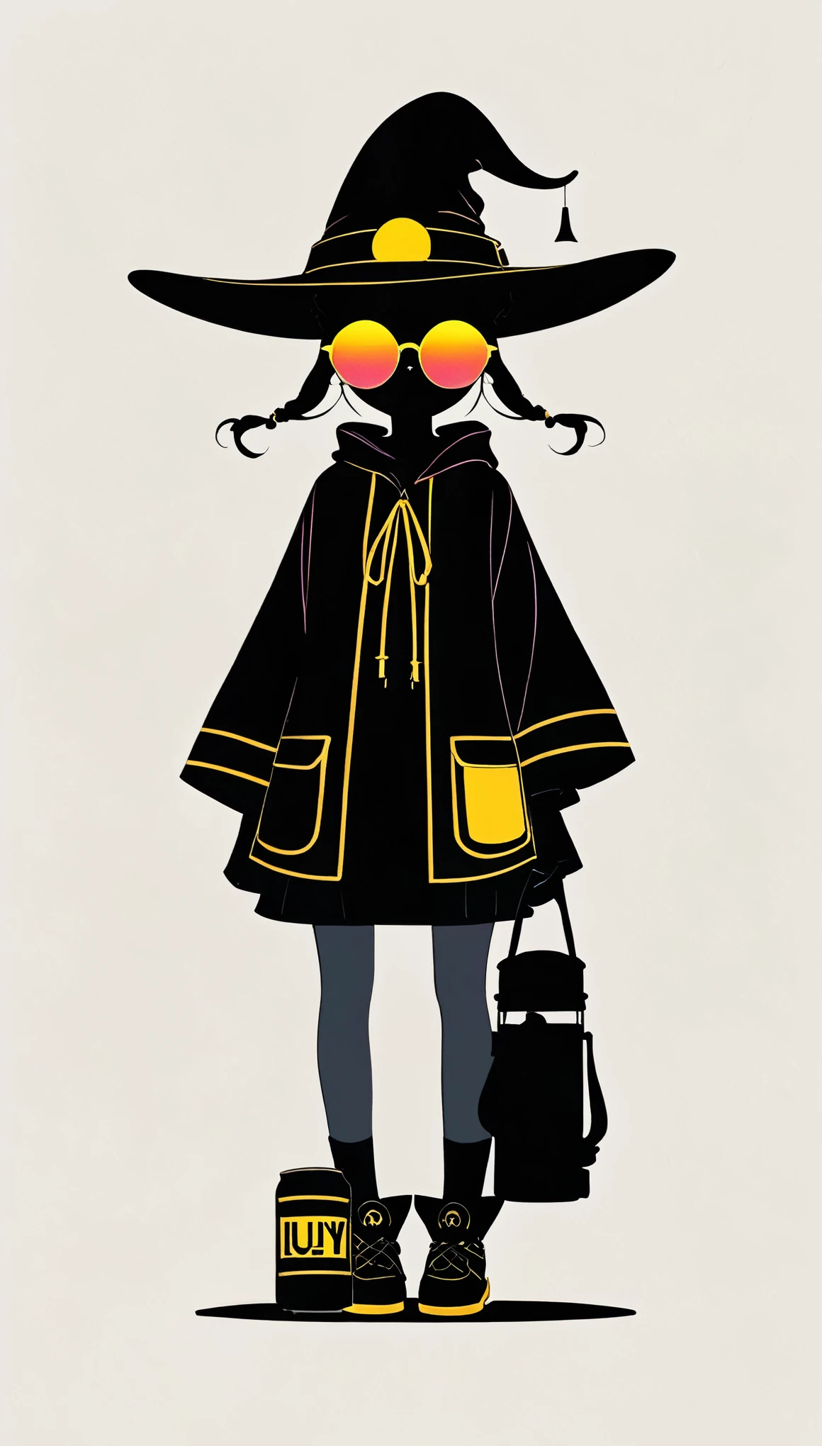 Liu Ye style,1 little girl,Lolita figure,Loose hip-hop clothing,Giant wide-brimmed wizard hat,Silhouette,(((Neon round sunglasses))),Can't see the eyes,大面积blank,Minimalist composition,blank,White background,Chinese ink style,