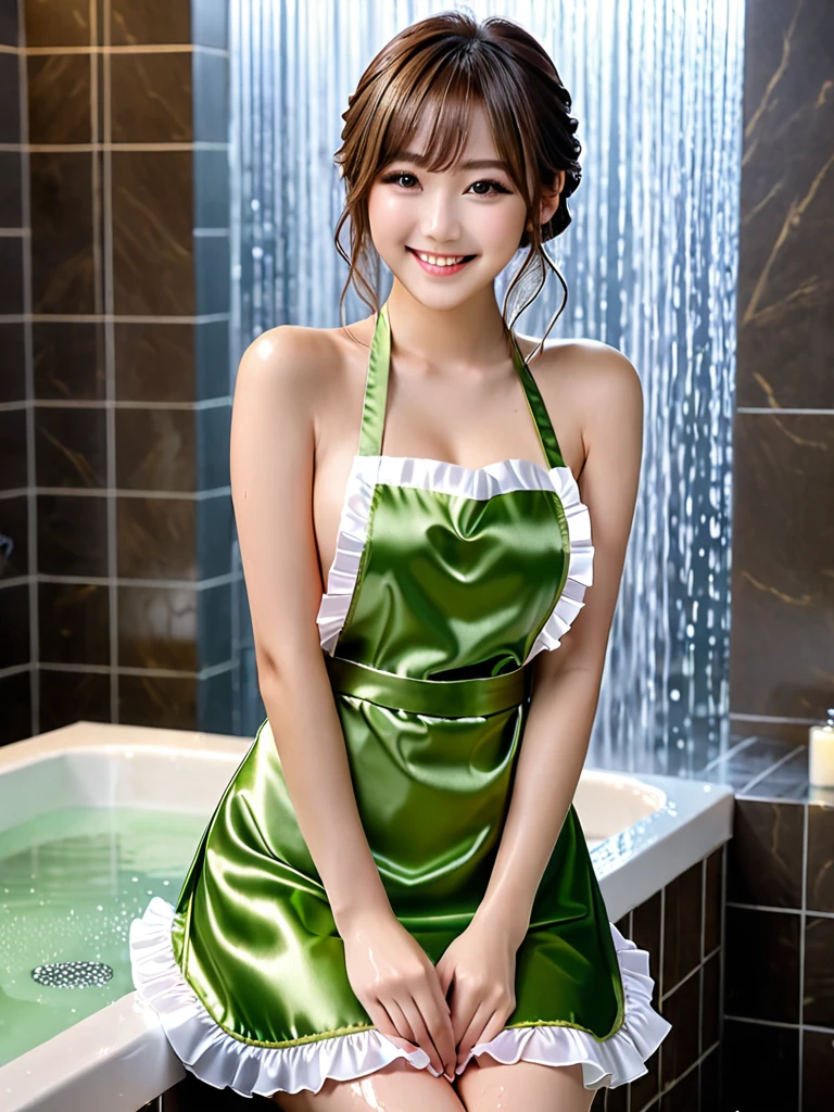 product quality, 1girl, full body shot, front view, a Japanese young pretty girl, shoulder length hair, wearing only a silky satin yellowish green apron with white frills over her naked body with a big smile, sitting in a luxury shower room, glamorous figure, wet hair, wet body, busty, hyper cute face, glossy lips, double eyelids in both eyes, natural makeup, long eyelashes, shiny smooth light brown hair, asymmetrical bangs, fair skin, central image, high resolution, high detail, detailed hairstyle, detailed face, cinematic lighting, octane rendering, vibrant, hyper realistic, perfect limbs, perfect anatomy
