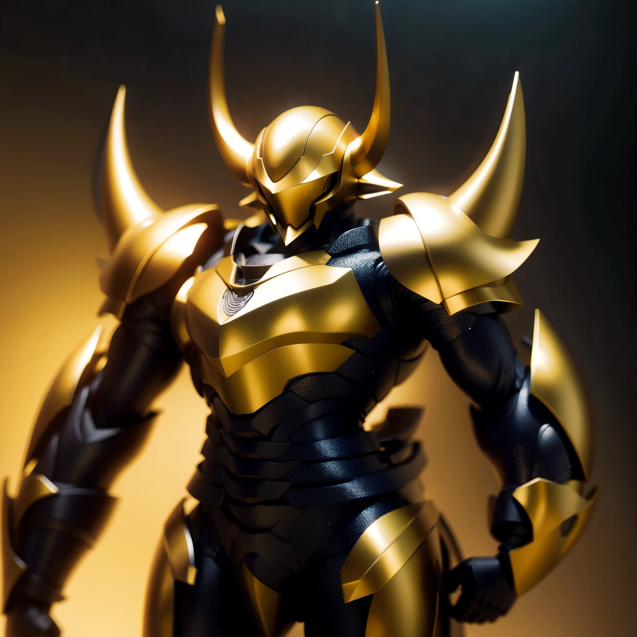Two long horns on head, golden horns, horns on both shoulders, golden armor, dark night background, high quality, blue visor,