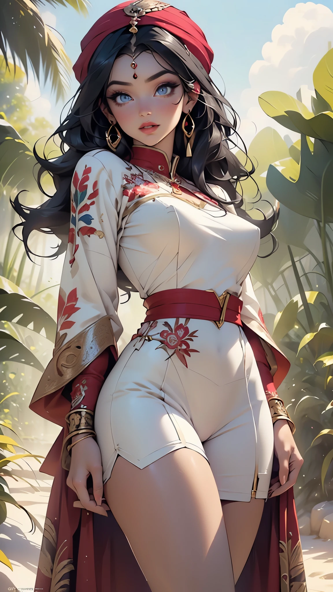arabian girl,1girl,
(large breasts:1.4),((((long dark hair,dark hair,black hair,colored inner hair)))),(((blue_eyes:1.3))),intricate eyes,beautiful detailed eyes,symmetrical eyes,((((lustrous skin:1.5,tanned skin,bright skin: 1.5,skin tanned,shiny skin,very shiny skin,shiny body,Reflective skin)))),(spider lower abdomen,narrow waist,wide hip,athletic body,inflated legs,thick thighs,delicate detailed fingers,(detailed face)),beautiful detailed lips,
cute,slutty,sensual,seductive look,seductive,((erotic)),opulent,sumptuous,((nsfw)),
((((sikh woman warrior)))),arabian accessories,(arabian jewelry in her arms),earrings,(((eyeshadow,arabian makeup,eyelid makeup))),(((silver coat of mail))),(((red clothes,red outfit,wet clothes,intricate outfit,embroidered outfit,ornate outfit,intricate cloth,embroidered cloth,ornate cloth))),
(dynamic pose:1.3), looking at viewer,embarrassed,centered,scale to fit dimensions,Rule of thirds,
outdoors,(dune desert,dune desert background,pyramids in the background),scenery,extremely scenery,clouds,Egypt style,(sunset, golden hour),
(Glossy Egyptian ornaments),highres,sharp focus,(ultra detailed,extremely detailed),(photorealistic artwork:1.37),(extremely detailed CG unity 8k wallpaper),(((vibrant colors,vibrant theme))),(intricate),(masterpiece),(best quality),artistic photography,(photography taken by sldr),(intricate background),perfect rendered face,perfect face details,realistic face,photo realistic,((intricate detail)),(((realism))),