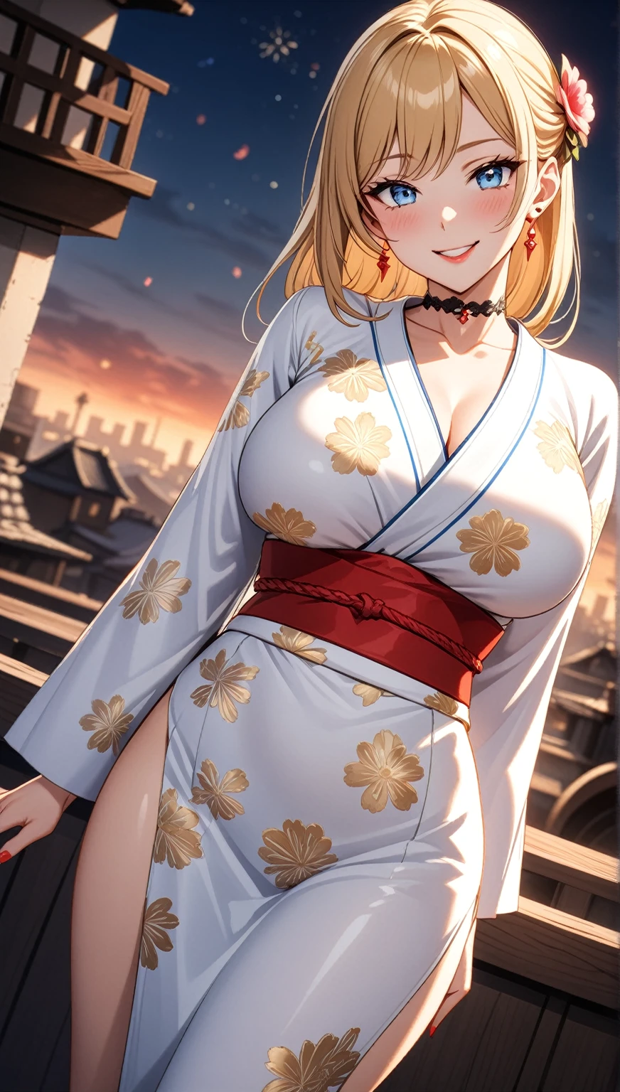 ((One personの女性)), Beautiful Face, (Laughing embarrassedly), (seductive smile:1.4), ((Wink:1.9)), (head tilt:1.3), Laugh with your mouth wide open, upper teeth, looking at viewer, ((Bright red cheeks:1.2)),Glossy Red Lips,rooftop, firework, Glossy red lips, Shining Face, ((Anime style background)),masterpiece, Highest quality, so beautiful,up to date, Complex details, (Pink long nails), (nail art), (ring),(bracelet),(Floral choker),AI-generated, Complex,High resolution, Highest quality, super high quality,3D Images、3D Images,One person,Long blonde hair,High Ponytail, Blonde anime woman posing for a photo,(blue eyes), ((Fine grain、Lightly pigmented blue eyes、Shining Eyes:1.3)), (Squint your eyes:1.1),a hyperRealistic , hyperRealistic , Realistic,Long and blonde anime woman, Smooth anime CG art, A woman in a gorgeous kimono embroidered with gold, (White long sleeve kimono),(Pink large floral pattern) ,Long flower hair ornament,Earrings,Mature Body,(Big Breasts:1.1),Tall,Abdominal muscles,Tight waist,(knee shot:1.2), (dutch angle:1.3),