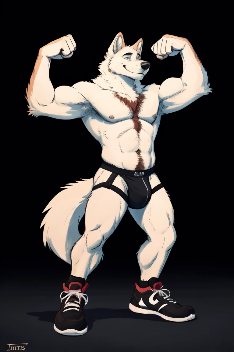 (pinup), Anthro, male, solo, full length portrait, canine, (wolf:1.1), athletic, abs, muscular, smile, blushing, plantigrade, barefoot, without shirt,(naked:1.2), jockstrap underwear, Nike socks, nike red sneakers (shoes, tenis) sneakers fetish, happy trail, chest tuft, raised right arm, fluffy and hairy armpit, flexing left arm, elbow tuft, (black background:1.1), digital artwork, (flat colors:1.2), (by adios, by k-9, by paintfox:.8), by delirost, by tritscrits, (detailed fur,detailed fur texture:0), (masterpiece, best quality, high quality, highres, ultra-detailed), pretty feet paws full body, pretty paws, muscle chest 