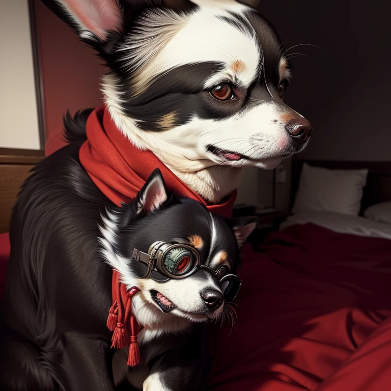 There is a dog sitting on the bed，Camera in hand, Goggles around his neck, captured with sony a3 camera, Front facing the camera, Wear a collar, He wears a red scarf, Shrine maiden, His hair was messy, Looks smart, very grainy, Not blurry, Small nose, Sloppy