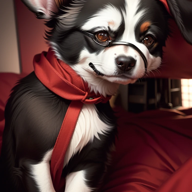There is a dog sitting on the bed，Camera in hand, Goggles around his neck, captured with sony a3 camera, Front facing the camera, Wear a collar, He wears a red scarf, Shrine maiden, His hair was messy, Looks smart, very grainy, Not blurry, Small nose, Sloppy