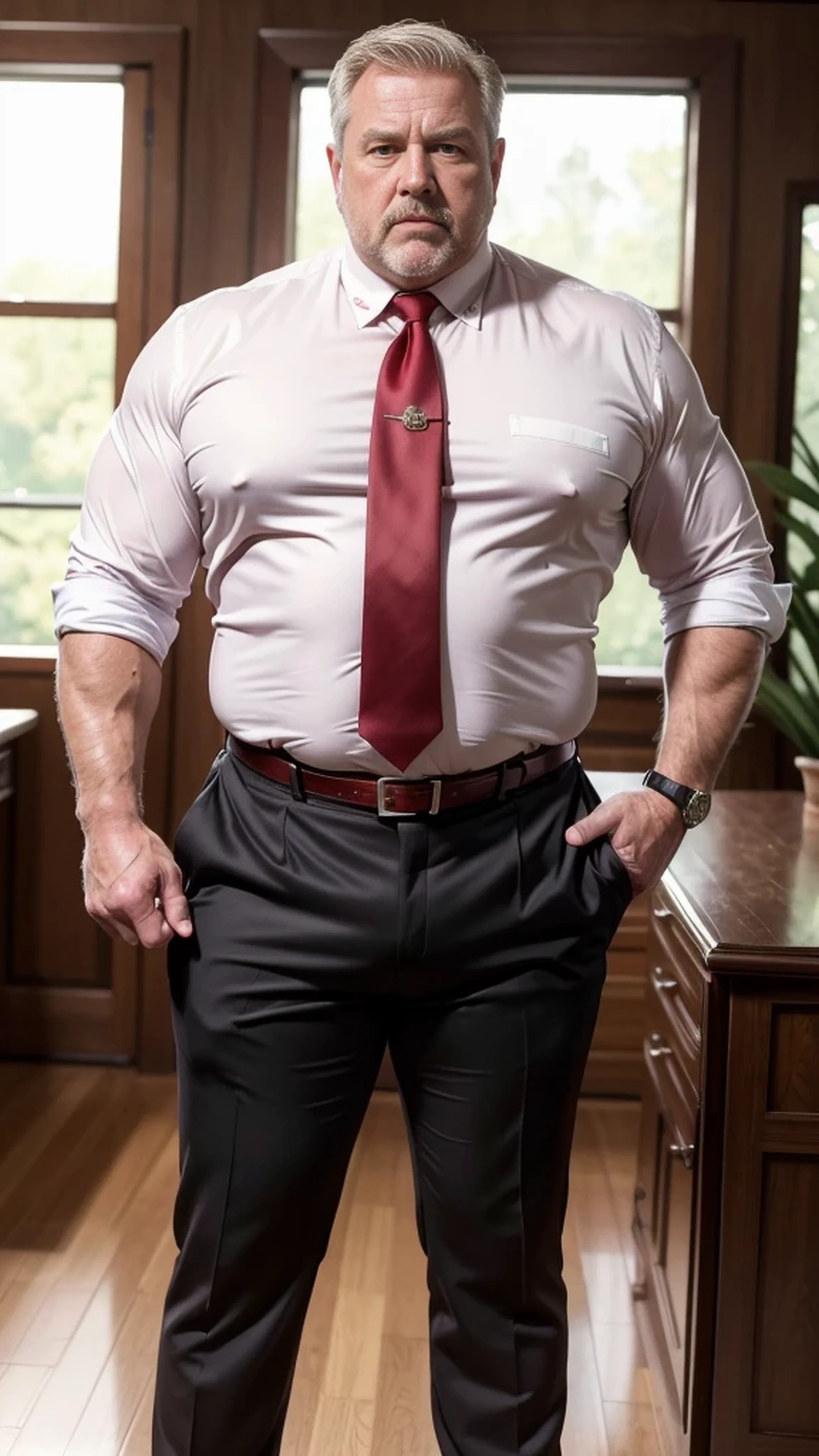 (best quality,4k,8k,highres,masterpiece:1.2), age 60, white man sheriff , horny disgusting, muscular chubby, kind, opened red silk shirt untied tie, mature daddy, Dress Pants with big bulge, hairy chest hard nipple, belt, loafer,