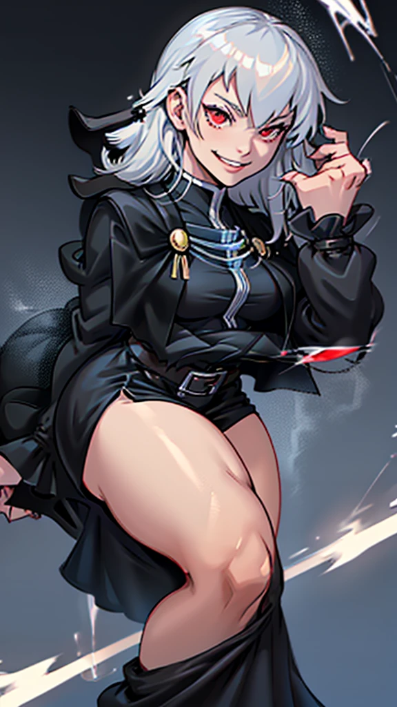 Highly detailed, 1 girl, goeniko, pale skin, greyish white hair, shiny red eyes, evil smile, black goeniko's clothes, medium buson, curvy body, electric sparks around her, looking to the viewer, pit Black clothes