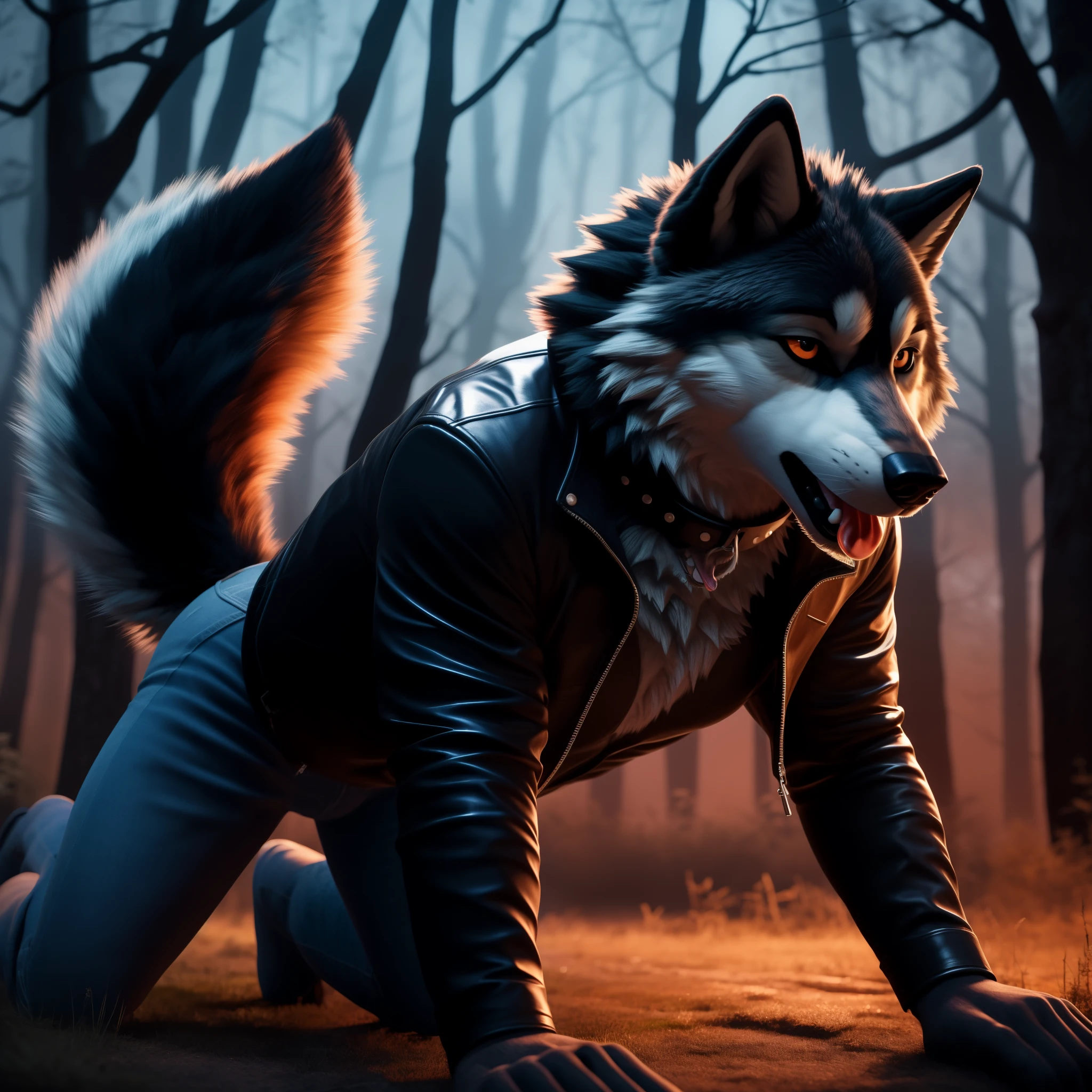 On all fours, Male, 30 years old, cute, eyeliner, mouth open with tongue hanging out, black leather jacket, anthro, wolf ears, (black fur:1.5), wolf, forest background, 8k, hi res, (best quality, masterpiece), (wolf tail:1.5), detailed fur, solo, night, leashing and collar, blue jeans,