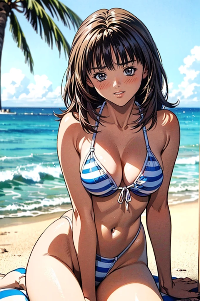 NSFW、Big Breasts、(This is a close-up shot of a young anime girl in a bikini on the beach:1.4)、(solo:1.4)、(One girl:1.4)、(I"s、Ashizuki Iori、Yoshizuki Iori、Yoshizuki Iori、Yoshizuki Iori)、(blue eyes:1.2)、(Blue and white striped bikini top:1.3)、(Blue and white striped bikini bottoms:1.2)、(belly button:1.1)、(Sitting on the beach:1.3)、(Palm trees in the background:1.2)、(Background sea:1.2)、(blue sky:1.1)、(Detailed face:1.3)、(Beautiful detailed eyes:1.3)、(Slightly parted lips:1.2)、(Shy, embarrassed expression:1.3)、(Blushed cheeks:1.2)、(Slender body:1.2)、(Large Breasts:1.3)、(masterpiece:1.2)、(Highest quality:1.3)、(Ultra-high resolution:1.2)、(Photorealistic:1.1)、