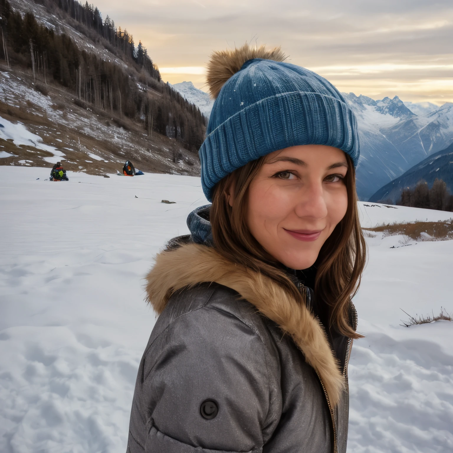 January - Swiss Alps Winter Wonderland
A woman named LaGermania posing for a chic calendar photoshoot in the Swiss Alps during January. She stands on a snow-covered plateau overlooking majestic peaks. Her head is turned towards the camera with a serene smile, adorned in a stylish ski outfit with a fur-trimmed jacket. In her hands, she holds a pair of sleek ski poles, emphasizing the winter sports theme. The scene captures the tranquility of a snowy landscape under clear blue skies, embodying the theme of adventure and alpine beauty.