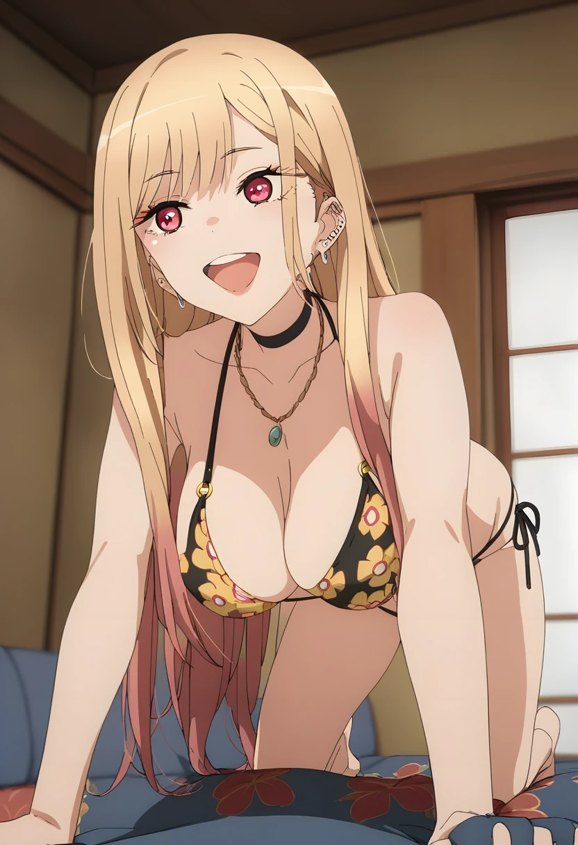 (score_9_up, score_8_up, score_7_up), (masterpiece, best quality, ultra detailed, intricate details, source anime, high resolution, smooth lines), kitagawa marin, 1girl, solo, long hair, breasts, smile, open mouth, bangs, blonde hair, large breasts, red eyes, cleavage, jewelry, medium breasts, swimsuit, bikini, multicolored hair, earrings, choker, necklace, ball fours, lack bikini, black choker, piercing, floral print, ear piercing, string bikini, print bikini,