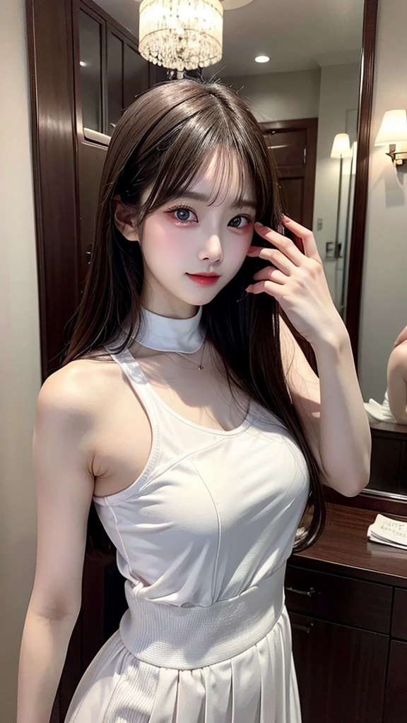 Three Asian women posing for photo in room, Urzan, Three sisters looking in the mirror, 8K)), Korean popular makeup, Profile picture, beautiful girl, 8K自拍照片, cute、Exquisite、cheek, Korean popular makeup, xision wu, cute的女孩, korean girl, avatar Profile picture, sakimicchan, very high quality, Surrealism, Ultra-fine, high quality, 8K resolution, Various styles, Bare shoulders but no breasts,