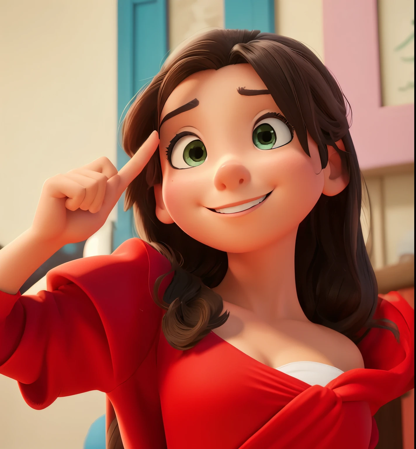 wide angle lens, Disney animation, 3D artwork, use this photo to put one with a beach swimsuit.