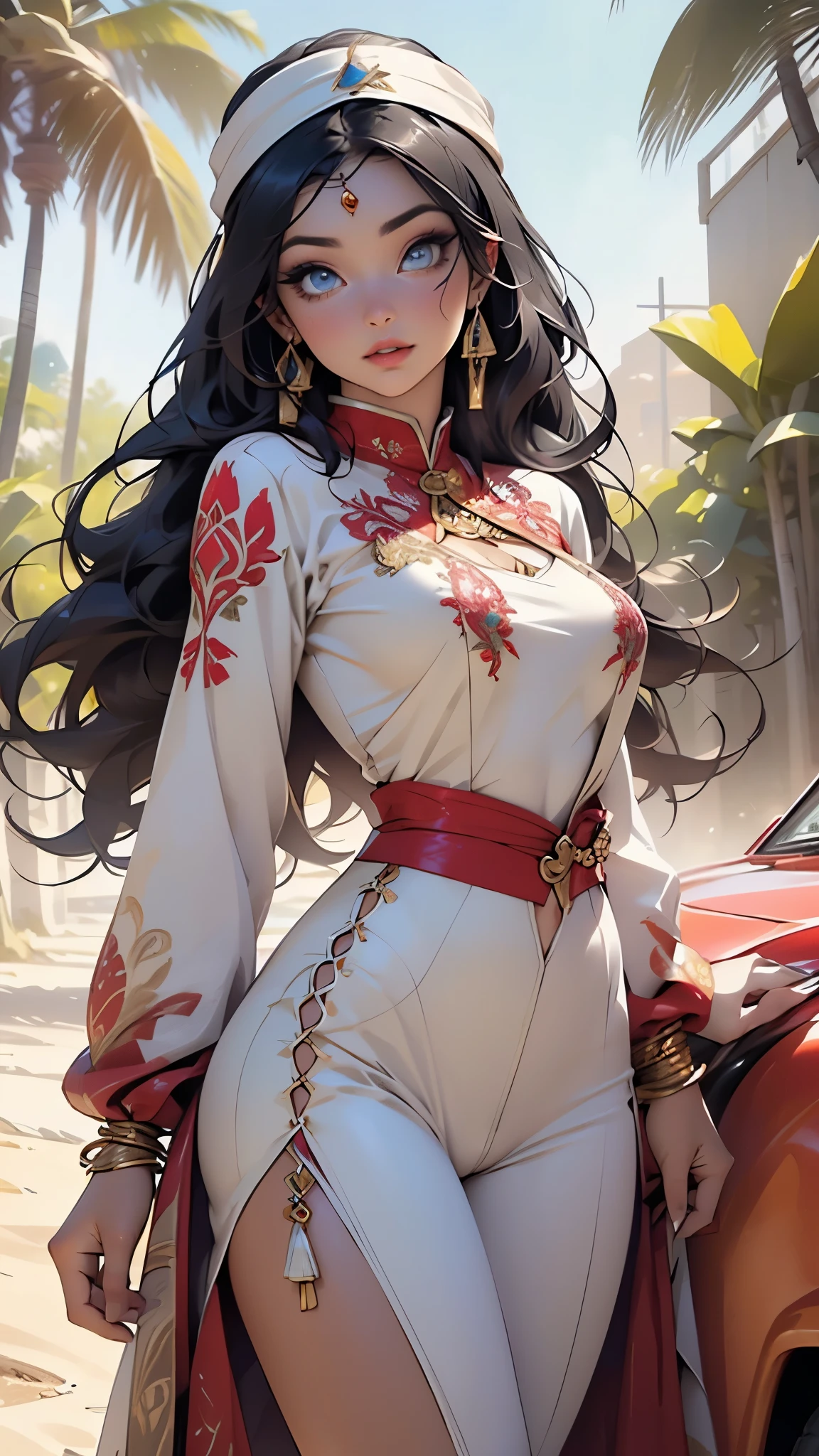 arabian girl,1girl,
(large breasts:1.4),((((long dark hair,dark hair,black hair,colored inner hair)))),(((blue_eyes:1.3))),intricate eyes,beautiful detailed eyes,symmetrical eyes,((((lustrous skin:1.5,tanned skin,bright skin: 1.5,skin tanned,shiny skin,very shiny skin,shiny body,Reflective skin)))),(spider lower abdomen,narrow waist,wide hip,athletic body,inflated legs,thick thighs,delicate detailed fingers,(detailed face)),beautiful detailed lips,
cute,slutty,sensual,seductive look,seductive,((erotic)),opulent,sumptuous,((nsfw)),
((((sikh woman warrior)))),arabian accessories,(arabian jewelry in her arms),earrings,(((eyeshadow,arabian makeup,eyelid makeup))),(((silver coat of mail))),(((red clothes,red outfit,wet clothes,intricate outfit,embroidered outfit,ornate outfit,intricate cloth,embroidered cloth,ornate cloth))),
(dynamic pose:1.3), looking at viewer,embarrassed,centered,scale to fit dimensions,Rule of thirds,
outdoors,(dune desert,dune desert background,pyramids in the background),scenery,extremely scenery,clouds,Egypt style,(sunset, golden hour),
(Glossy Egyptian ornaments),highres,sharp focus,(ultra detailed,extremely detailed),(photorealistic artwork:1.37),(extremely detailed CG unity 8k wallpaper),(((vibrant colors,vibrant theme))),(intricate),(masterpiece),(best quality),artistic photography,(photography taken by sldr),(intricate background),perfect rendered face,perfect face details,realistic face,photo realistic,((intricate detail)),(((realism))),