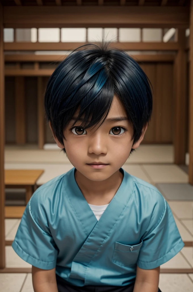 Captura de pantalla de Jibaku Shounen Hanako-kun, boy straight black hair with light blue tips and short, with tufts, He has honey eyes and a calm expression. He is wearing the Kamome and in the background he has a Kamome School class..