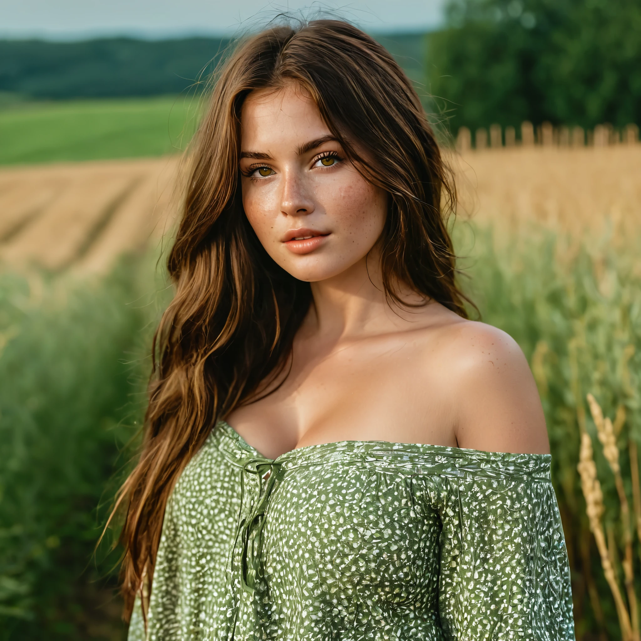 Luma is a topless person, she is beautiful , Brown hair, long Brown hair, she has expressive eyes, ( Only olive green eyes) Her skin is light and she has some light freckles on her cheekbones.., busty, Farm, Summer light clothing, romantic vibes, fire lights,