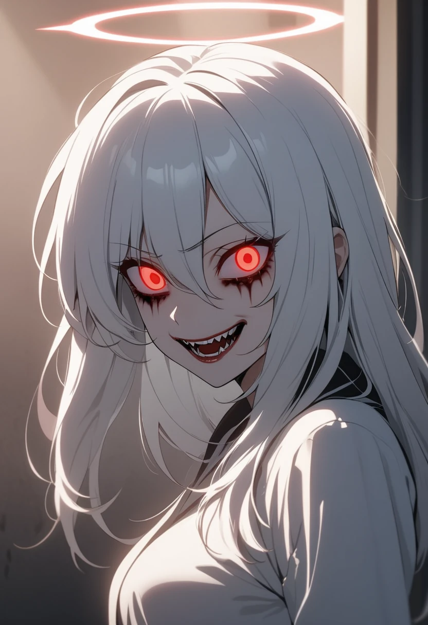 masterpiece , morning , beauty , white hair , red eyes , halo ring angel , soft light , dark vibe , no wings , she looks badass , glowing eyes , horror , scary laugh , yandere , mature women