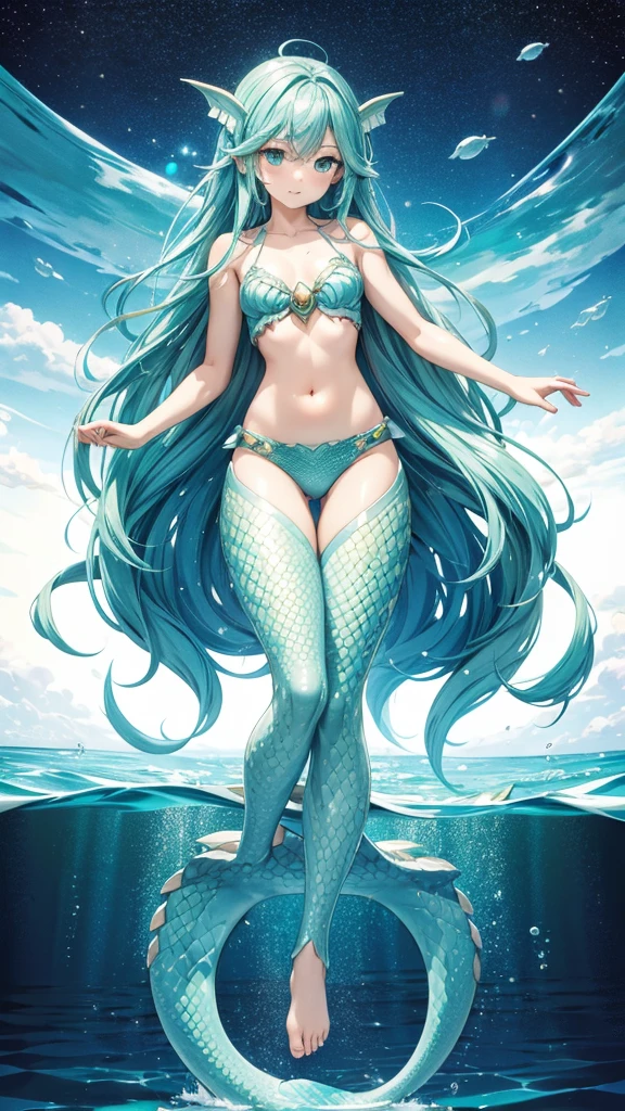 Flat-chested girl with aqua hair,Water Spirit,mermaid,covered in scales,briefs,Bare Legs,barefoot,deep sea