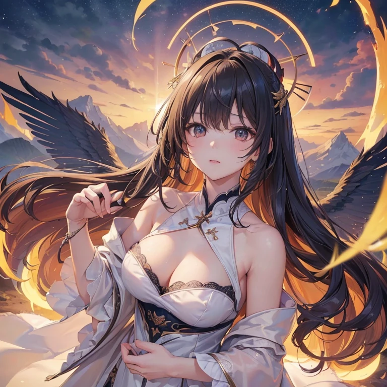 (masterpiece, Highest quality, shape, Subtle details, 8K:1.2),(非常に詳細な CG ユニティ 8K 壁紙), (Highest quality), (Best illustrations), Fallen Angel Lucifer,Mature Woman,Looking up at the swirling heavens,Barren Land,Frond's Hair,Odd Eye,Front image,Full body image,,Arms outstretched,Three wings on each side,Shooting from the sky,3D Images