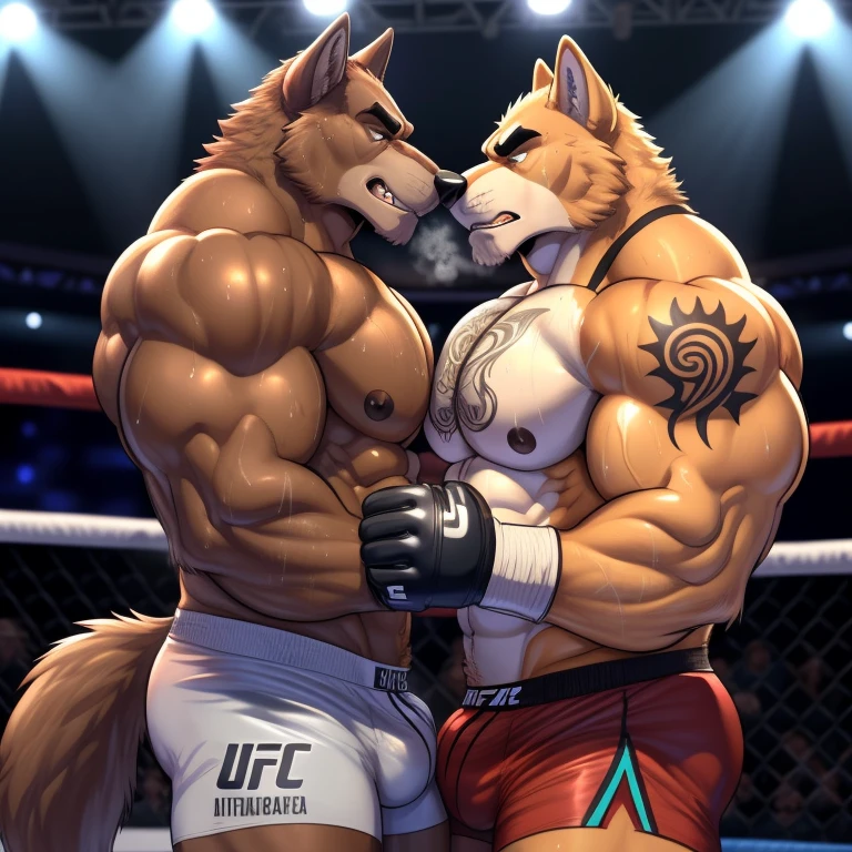 Duo male(Brown Wolf vs Brown Wolf, handsomes, Thick eyebrows), gay(embraced, hot frottage, on a UFC match), hot(Shirtless), handsomes(They are handsomes, correct anatomy), musculosos(Big muscle bodies, Six packs, muscle abs, big pecs, muscle backs, muscle legs), sweaty(very sweaty wet bodies, shiny sweat), tatuajes(they have tattoos), Grumpy(Both have an grumpy expression, growling, showing teeths, steaming breath), UFC gloves(They both are wearing red UFC gloves), UFC boxers(They both are wearing boxers), Hight resolution, by(Zourik:1.1)