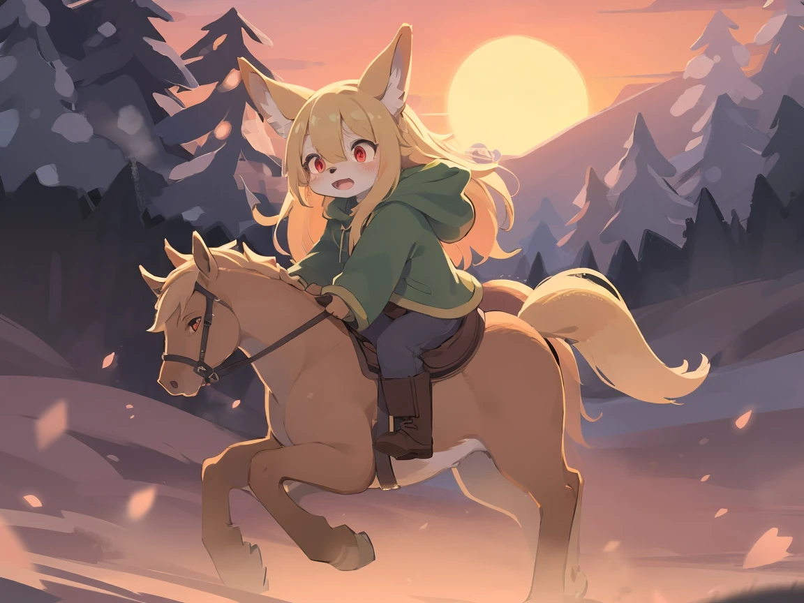 the fox, , was hairy, shaggy, skin fur, smooth lashes, golden fur, forelimb hands, straight long blonde hair, solid circle eyes, golden ears, golden fur, golden facial fur, shiny hair, red eyes, super cute face, 1fox tail, fluffy tail, furry tail, glowing eyes, green coat green hood down, brown trousers, riding unsaddled horse, open mouth, embarrassed, brush, ambient light, ultra-fine fur, dashed eyes, full body, masterpiece, high quality, high-details, best quality, wide short, (((solo))), twilight, sun light, red sky, rim light