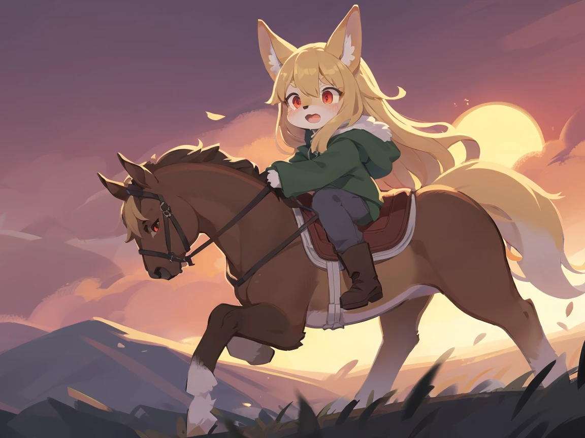  the fox, , was hairy, shaggy, skin fur, smooth lashes, golden fur, forelimb hands, straight long blonde hair, solid circle eyes, golden ears, golden fur, golden facial fur, shiny hair, red eyes, super cute face, 1fox tail, fluffy tail, furry tail, glowing eyes, green coat green hood down, brown trousers, riding unsaddled horse, open mouth, embarrassed, brush, ambient light, ultra-fine fur, dashed eyes, full body, masterpiece, high quality, high-details, best quality, wide short, (((solo))), twilight, sun light, red sky, rim light