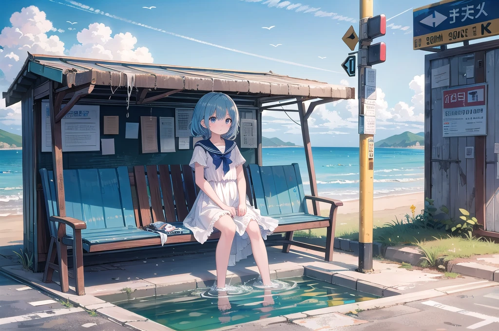 masterpiece, best quality, high resolution, extremely detailed CG, Post-apocalyptic, a girl in a white dress on a broken white platform on the sea, a deserted bus stop on the platform, a few pieces of concrete scattered in the water, blue sky, fresh, simple, pastel colors