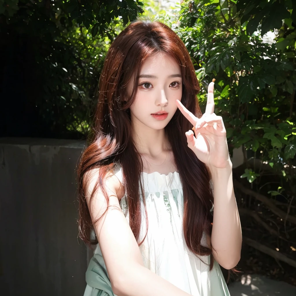 Red long curly hair,Middle-parted bangs,Green plants in background