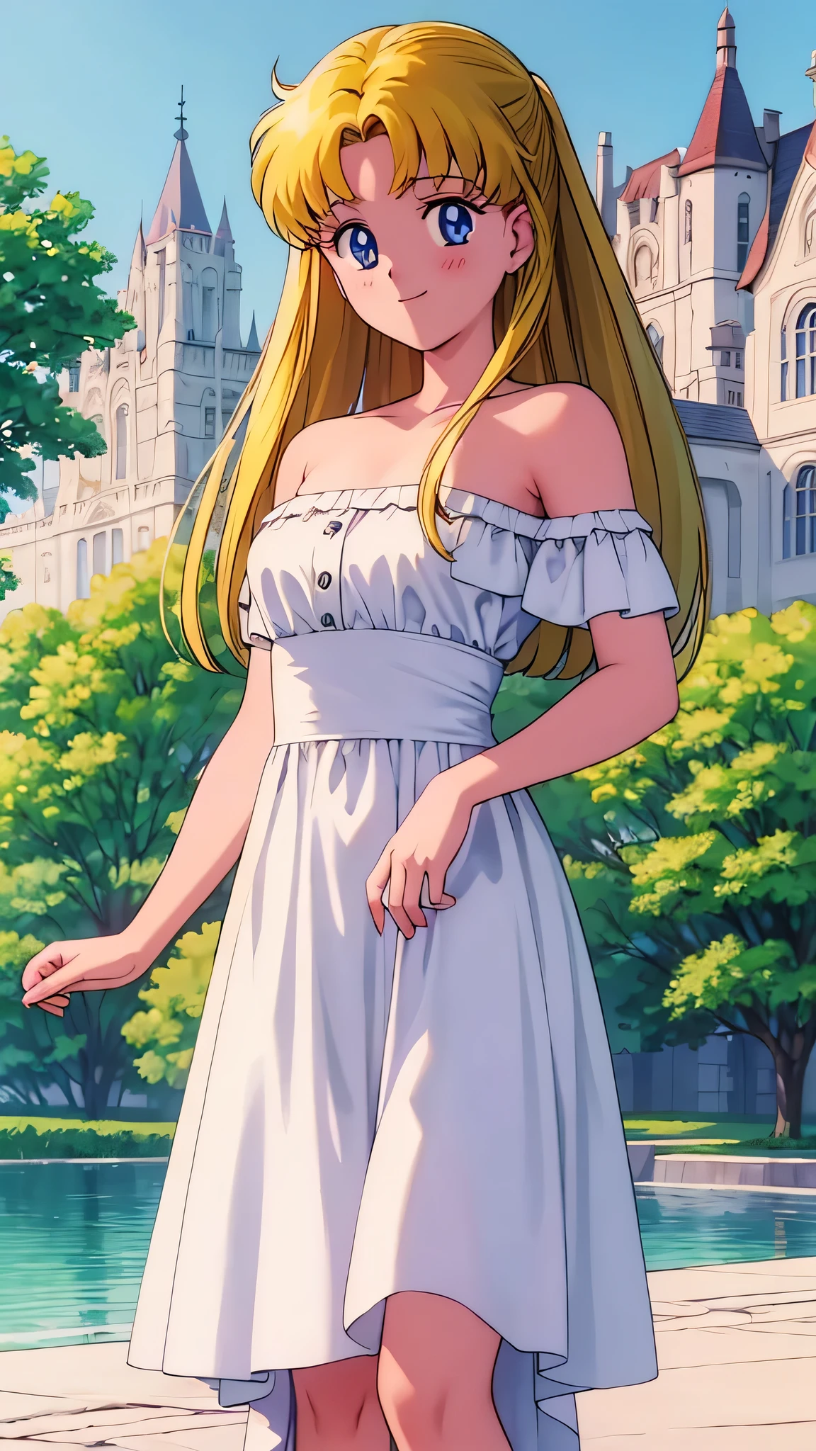 1990s \(style\), masterpiece, best quality, highres, outdoors, small breasts, 1 girl, Solo, UsagiTsukino, Blue Eyes, Beautiful Detail Eyes, Yellow Medium Hair, Straight Hair, Good hands are down, Smile, Blushing, Bare Neck, Bare Shoulders, strapless, White Ruffle Off-the-Shoulder maxi dress. Cowboy shot. A mansion with a lake and a green maze. In the center. Standing straight