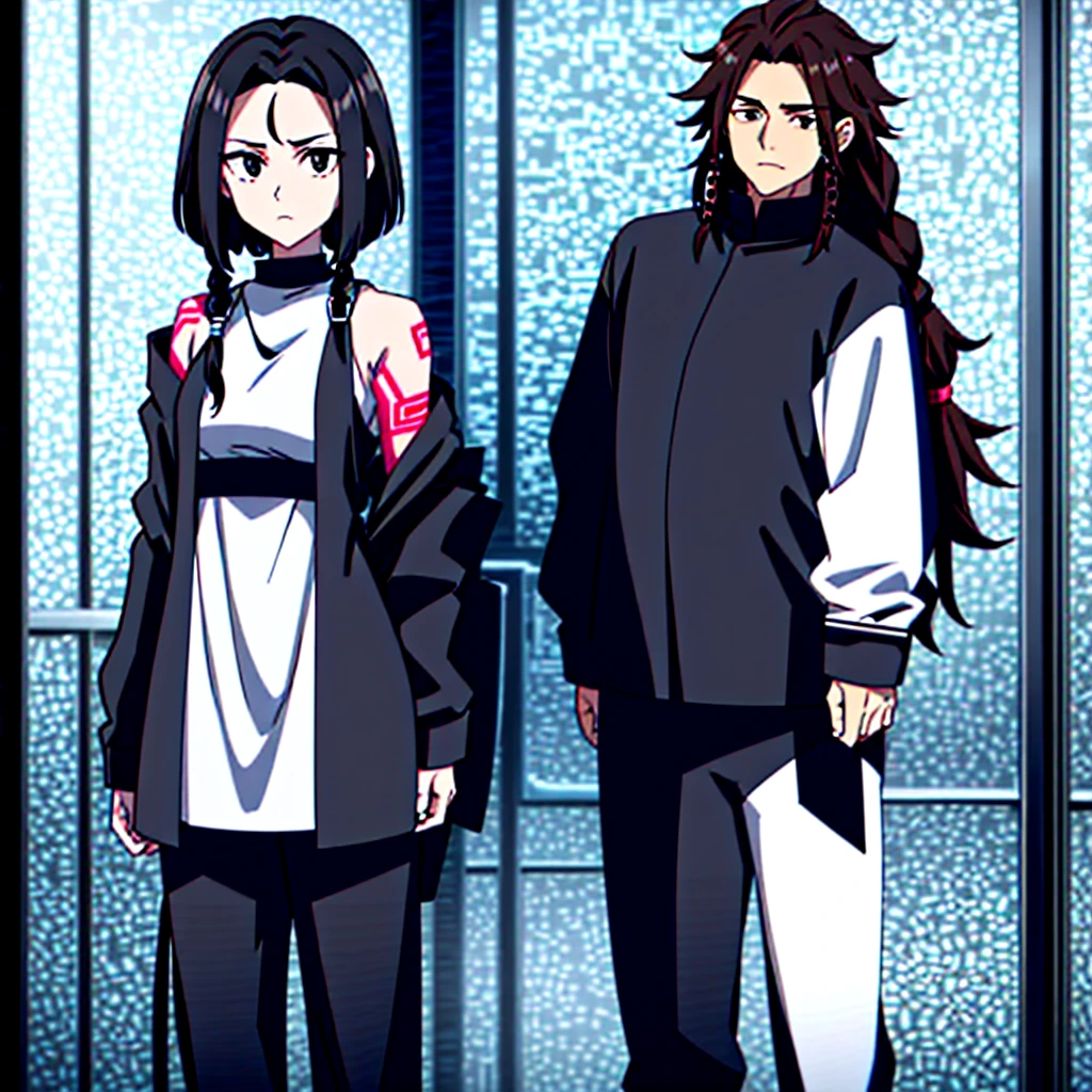 female character. short black hair with dreadlocks. brown black eye. His clothes are heavy and black, a more social outfit. It is in a futuristic setting. she has tattoos