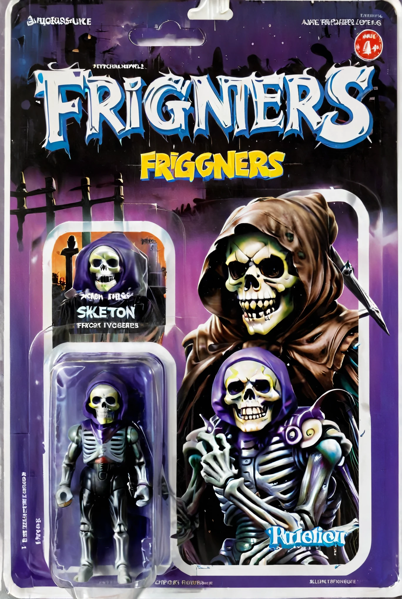 a toy figure of skelton from a horror movie with the title "Frigteners", illustration tombs on package