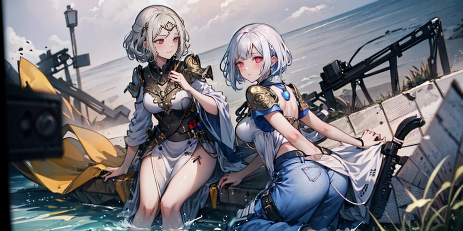 (((2 girls))), (Cassia Orsellio), (short white hair), (Red eyes), Best Quality,Masterpiece, HDR,UHD,8k,vivid colors, extreme detailed description,
BREAK 1girl, REST 1 girl, cut