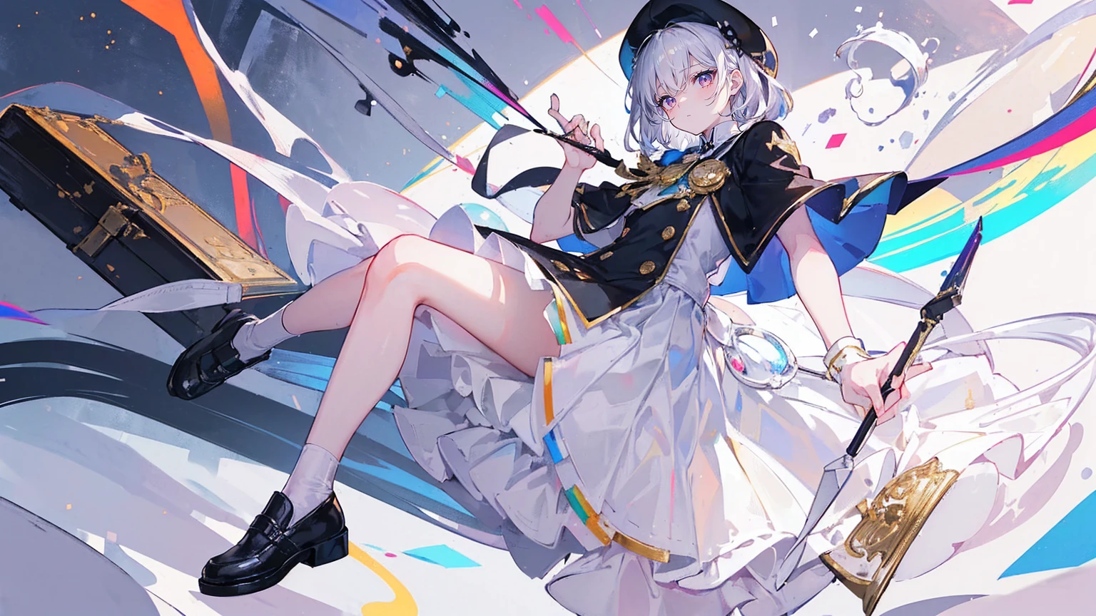 (Super detailed)),((illustration))，((masterpiece)),(((need))),((fine、Highest quality CG Unity 8K wallpapers，masterpiece），（（4K，masterpiece，best quality）），rainbow发的大概16岁的少女，flat chest，short hair，Gold and silver eyes，Golden Apprentice Uniform，Black short cape，Berets，Black shoes，Paint flowing under your feet，White Silk，White short skirt covered with paint，Monocle，The walls are covered with self-portraits，身边有rainbow，phantom，Exhaustion，Overworked，There is a huge drawing board in front of me.，In a white room，Paint condensed in the air，rainbow，individual，Full body picture