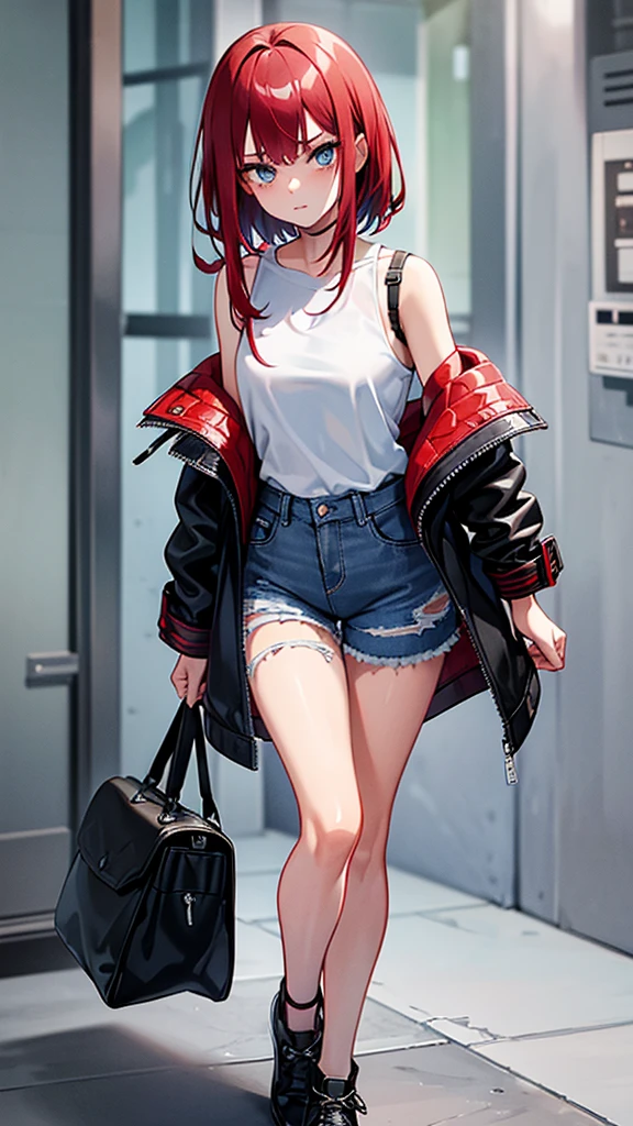 18 year old young girl, red hair combined with gray color, blue eyes with gray, black leather jacket, short white shirt, hot blue short jean shorts, aura around the body dark red, serious look, sexy, with fringe, disheveled, torn clothes, wound